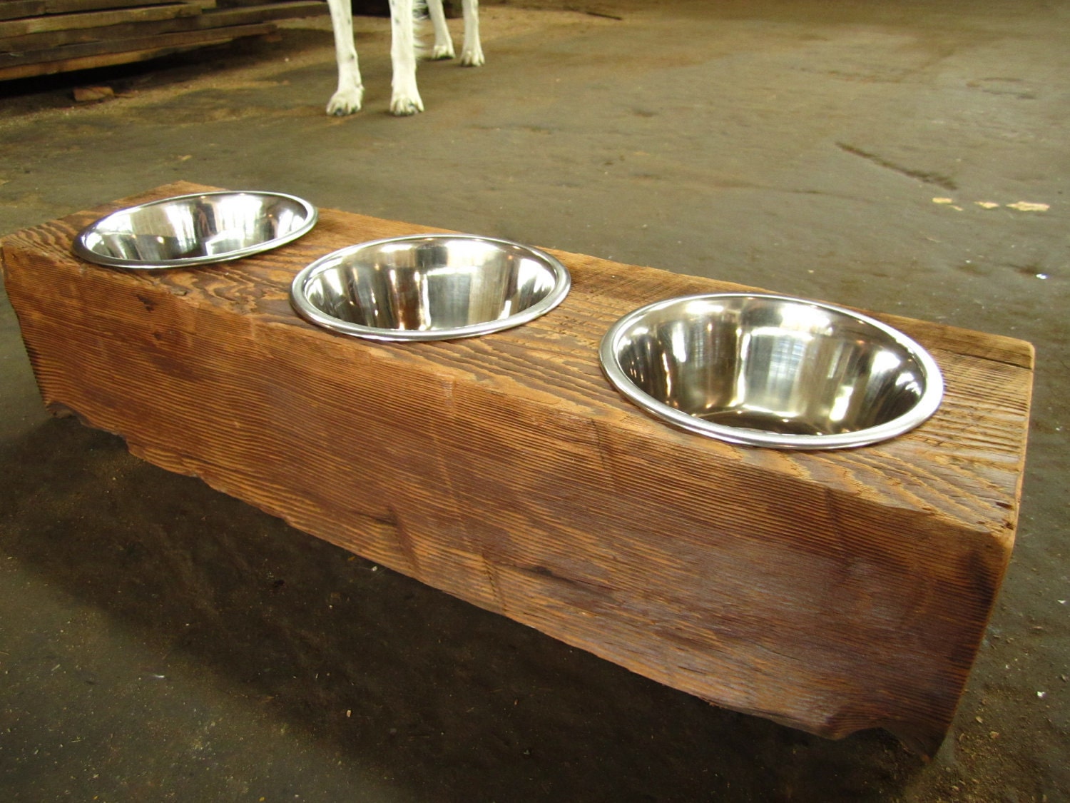 Wood Dog Dish Holder reclaimed barn beam 3 BOWL MEDIUM
