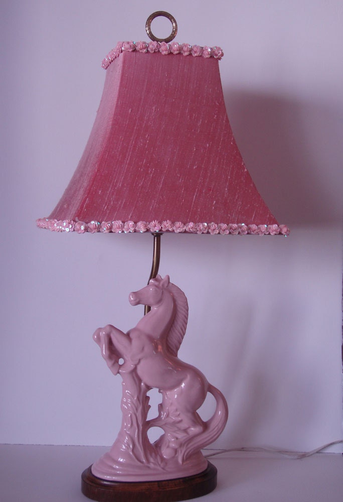 CLEARANCE. . Amazing Vintage Pink Horse Lamp With Shade. Mid Century, 1950's. Kitsch, Cottage Chic.