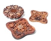 set of three hand carved wood trivets - india ornate honey comb floral leaves faux ivory inlay