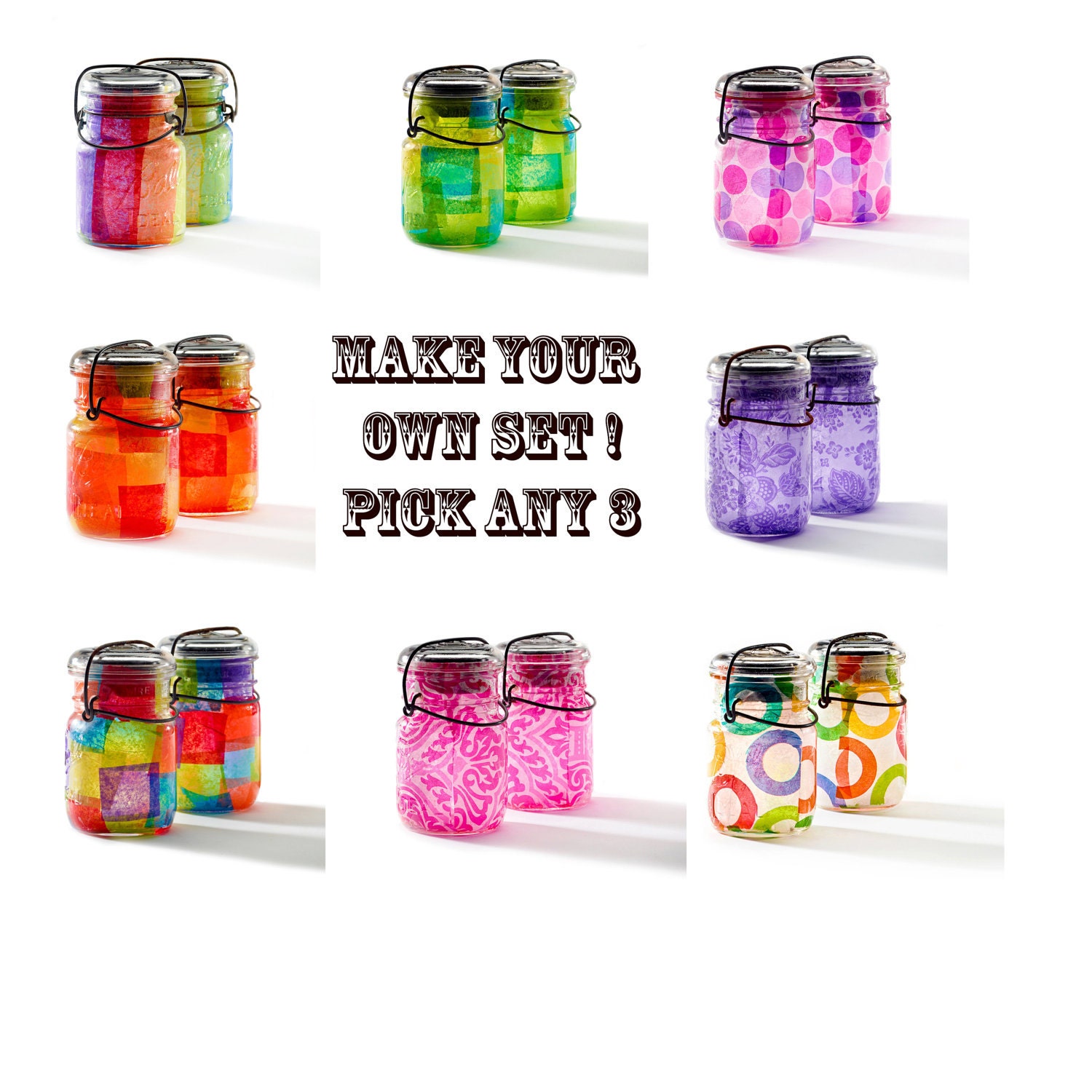 set of any three vintage atlas & ball mason jars .. handmade solar lights : pint size decoupage