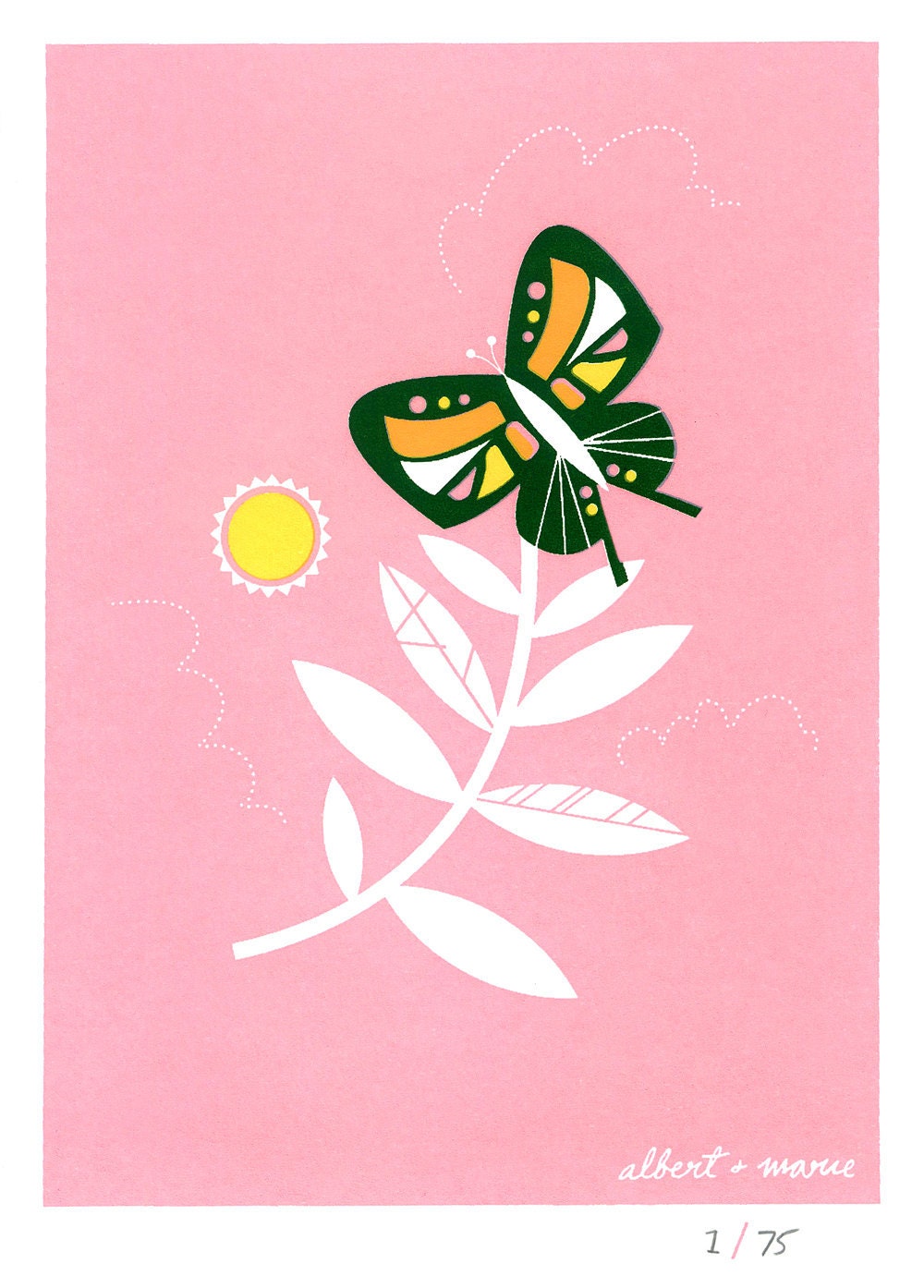 Leaf & Butterfly - 5x7 Screen Print