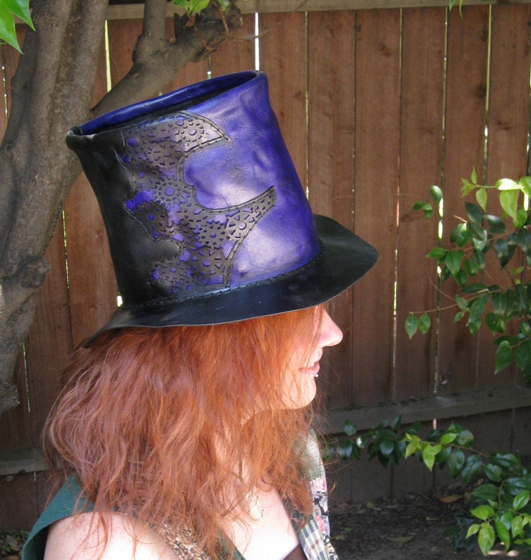 Purple Leather Steampunk Tophat with Gears - Designed by Brian Scott at BSD Studios