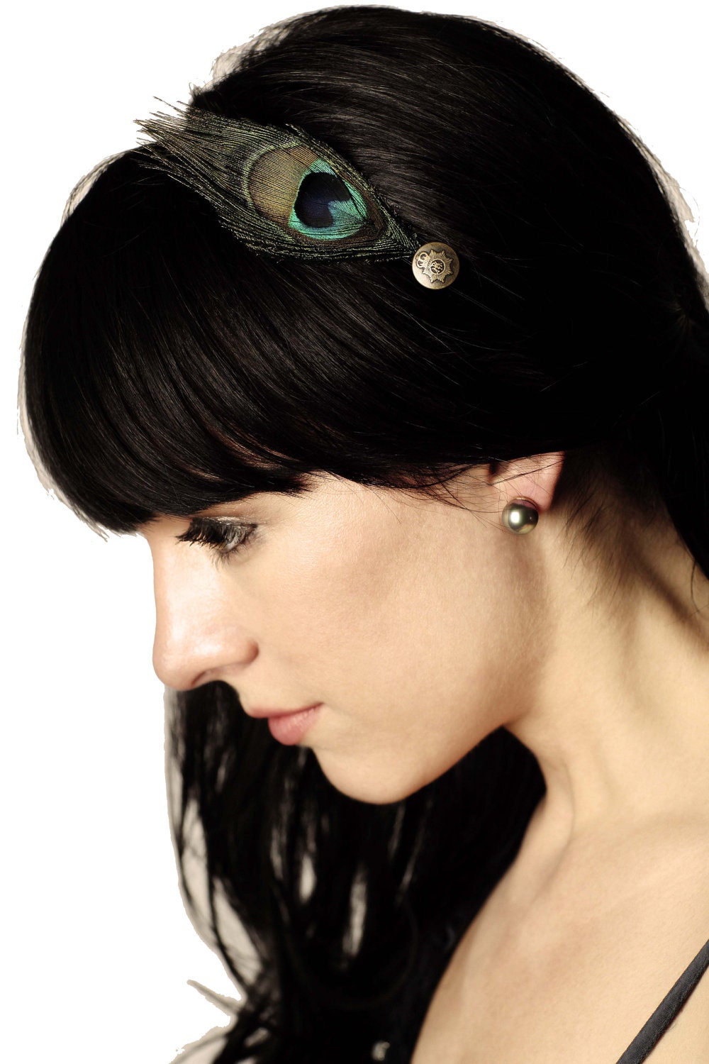 Peacock Feather and Vintage Button Headband Fascinator - Hair Accessory