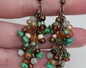 Sale Green Gemstone  Rustic Cascade Brass Earrings with Glass beads  - Ready To Ship