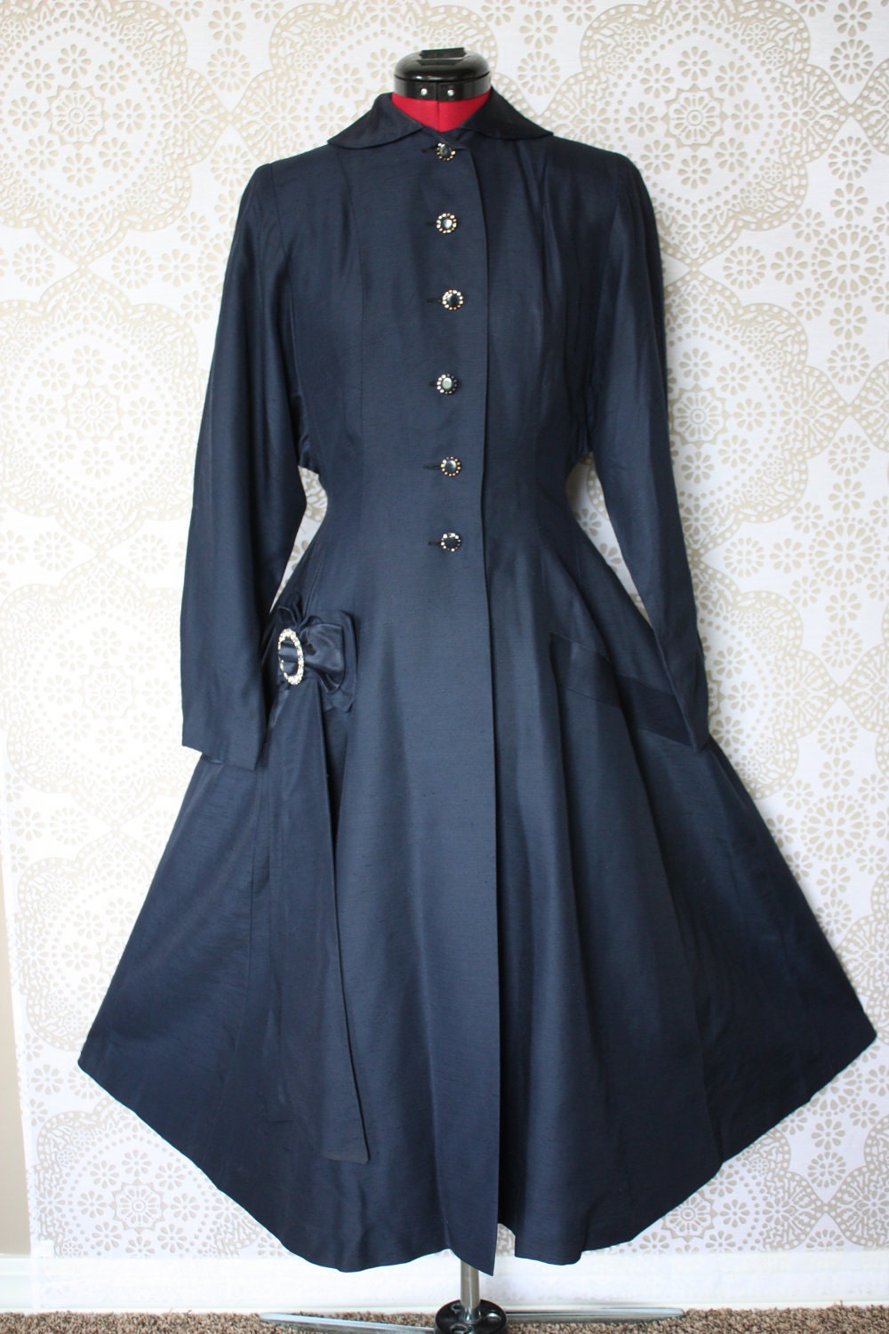Vintage 1940's Navy Blue Princess Cut Dress Coat with Rhinestone Buttons XS/Small