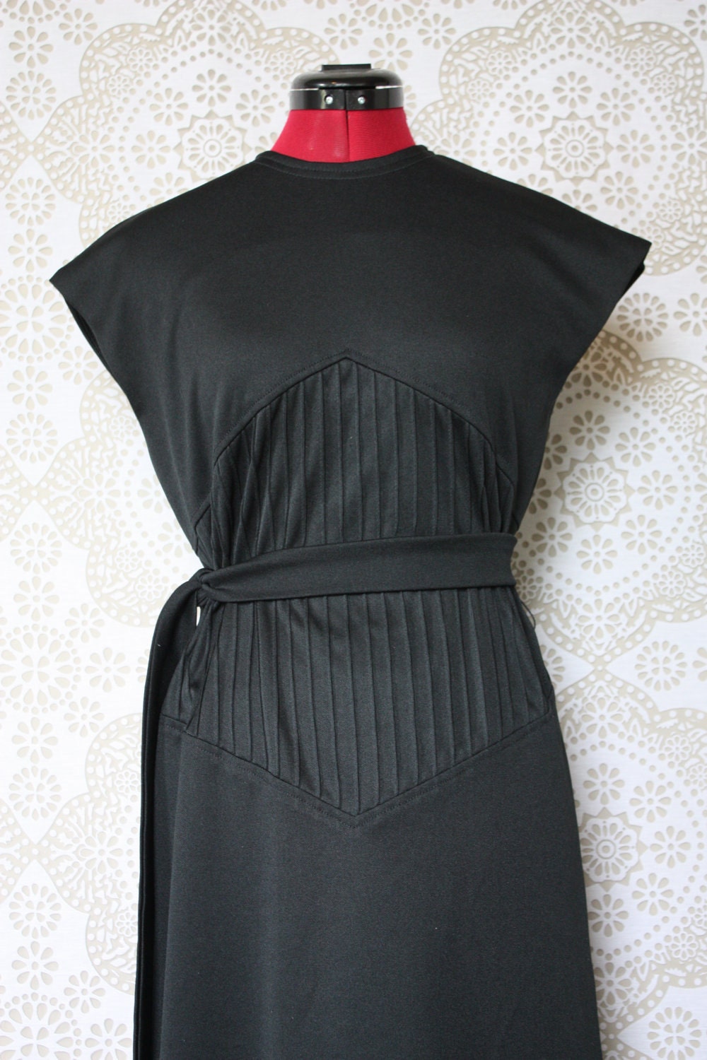Vintage 1960's Black Dress with Belted Waist M/L