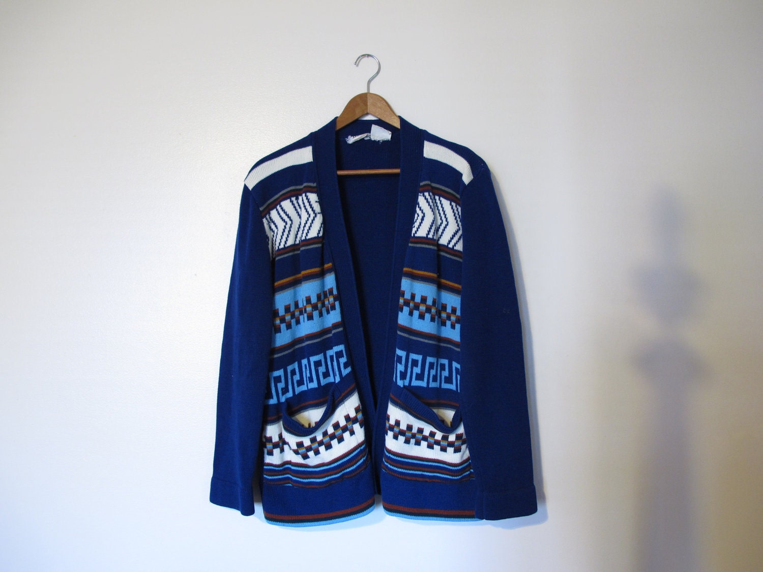 blue grandpa cardigan tribal navajo geometric print pockets sweater XS S M mexican blanket serape folk