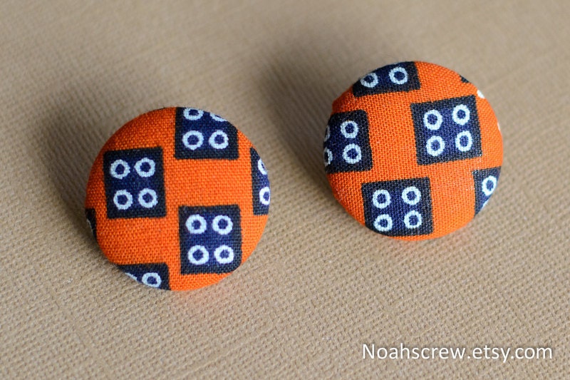 Hypoallergenic Earrings: Dice Ankara african wax fabric button earrings, orange, blue and white