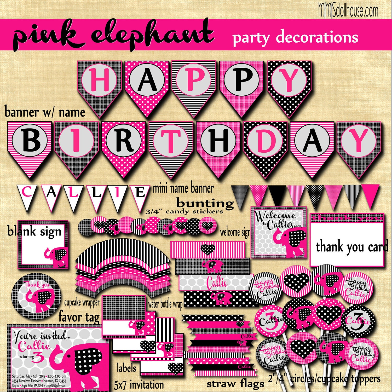 Pink Elephant Party Decorations- Printable Pink Elephant Party Decorations PDF/JPEG Il_570xn