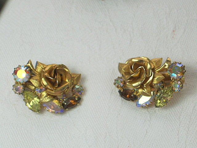 Vintage Rhinestone Rose Earrings Gold Clip Style GIft