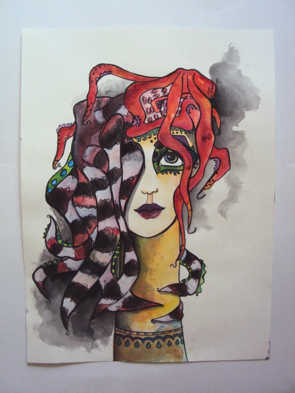 Red "Striped Octopus" Watercolor & Acrylic Mermaid Portrait