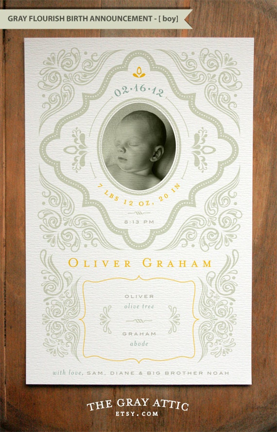 Birth Announcement - A9 size (Gray Flourish - Boy) - Set of 25 - Modern, Contemporary