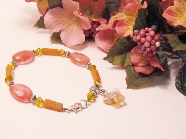 Watermelon Tourmaline, Aventurine, and Crystal Bracelet with Pink Crystal Butterfly Dangle