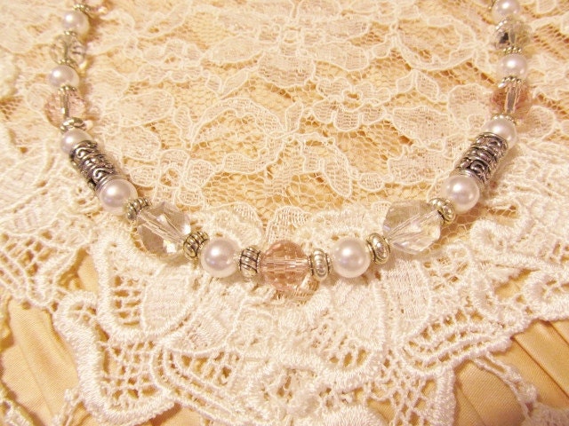 Faceted Clear and Pale Pink Crystals with White Pearls Necklace
