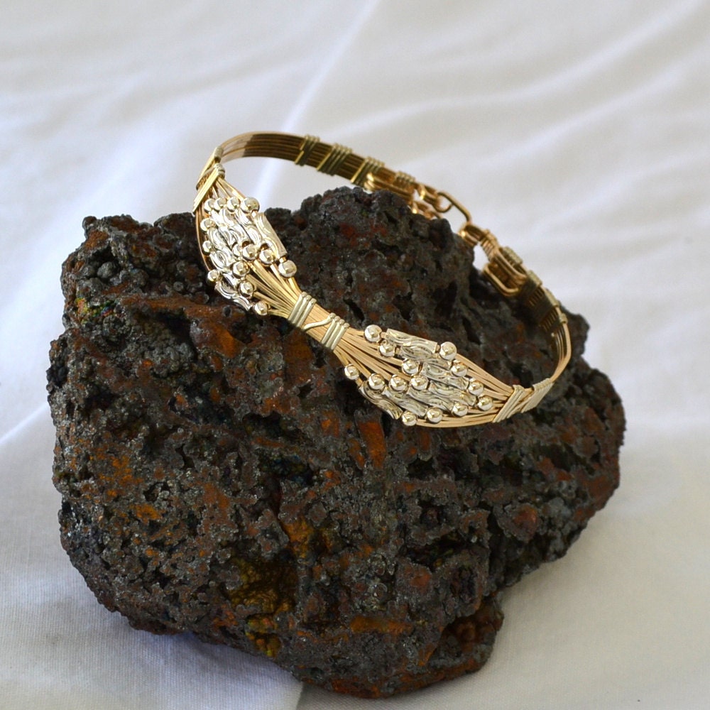 Wire wrapped bracelet 14K gold filled with sterling silver beads. Size 7.5. Big Bling