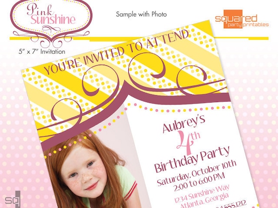 Printable Birthday Party Invitation - Pink Sunshine Printable Invite - DIY Print Il_570xn