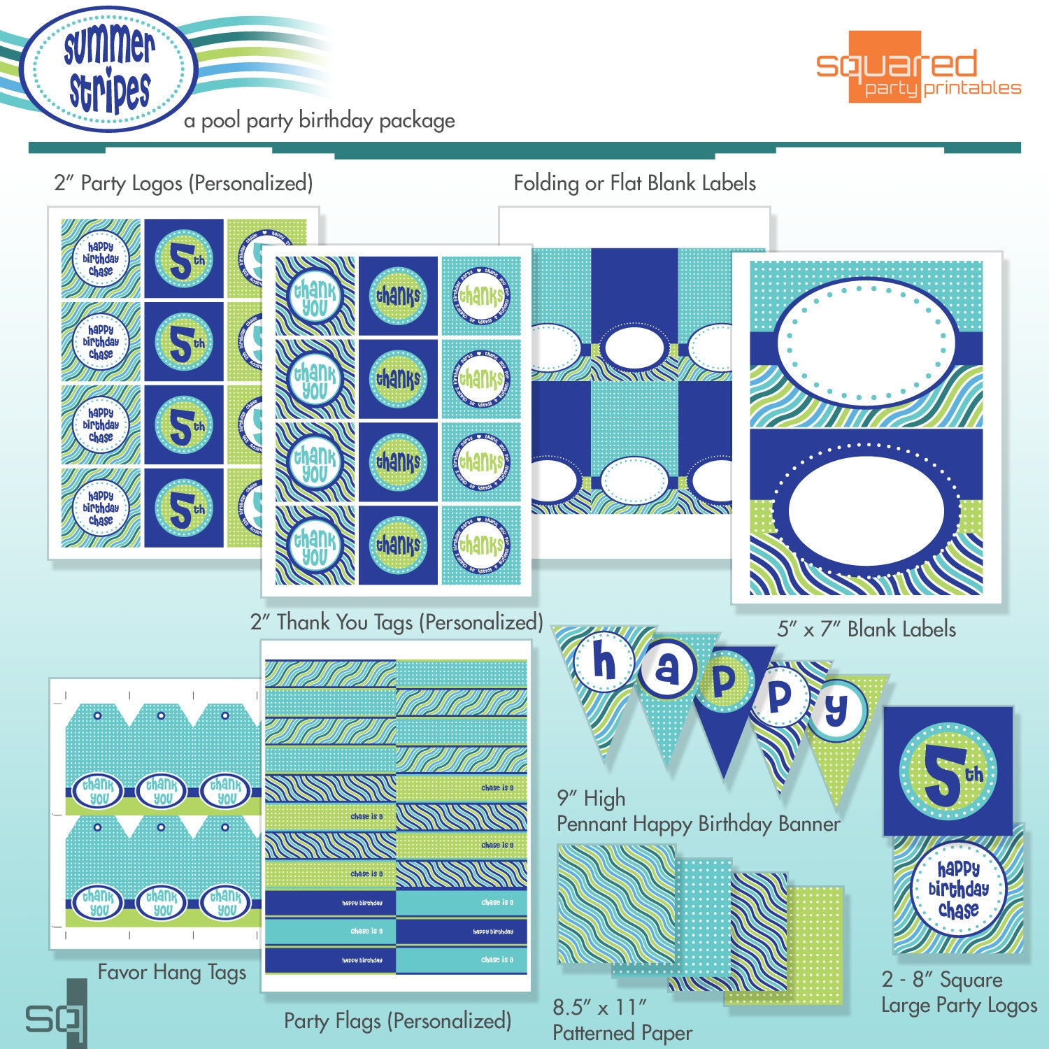 Pool Party Birthday Printable DIY Package - Summer Stripes - Beach Party - Ocean Il_570xn