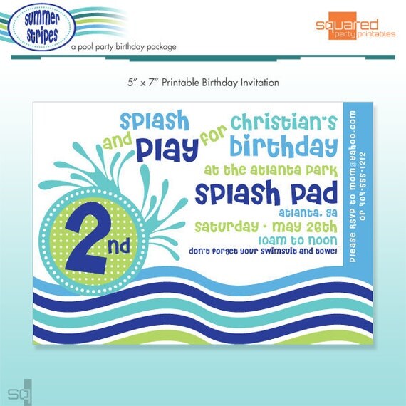Pool Party Invitation - DIY Printable - Summer Stripes - Beach Birthday - Ocean Il_570xn