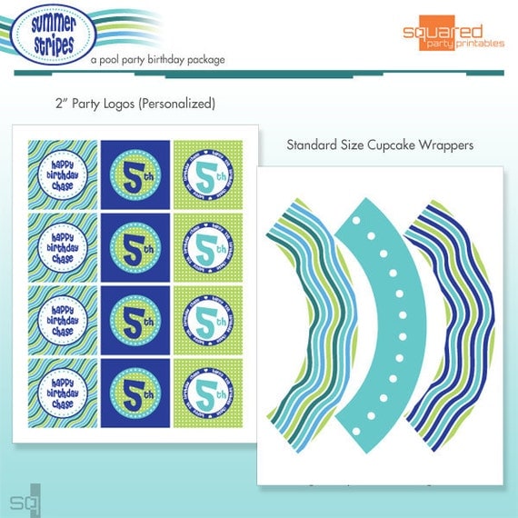 Pool Party Cupcake Kit - Cupcake Wrappers and Printable Birthday Party Logo Package - DIY Print - Summer Stripes - Ocean Il_570xn
