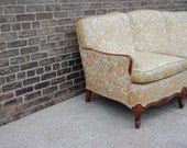 French Provincial Sofa Couch With Carved Wood Detail and Gorgeous Floral Upholstery
