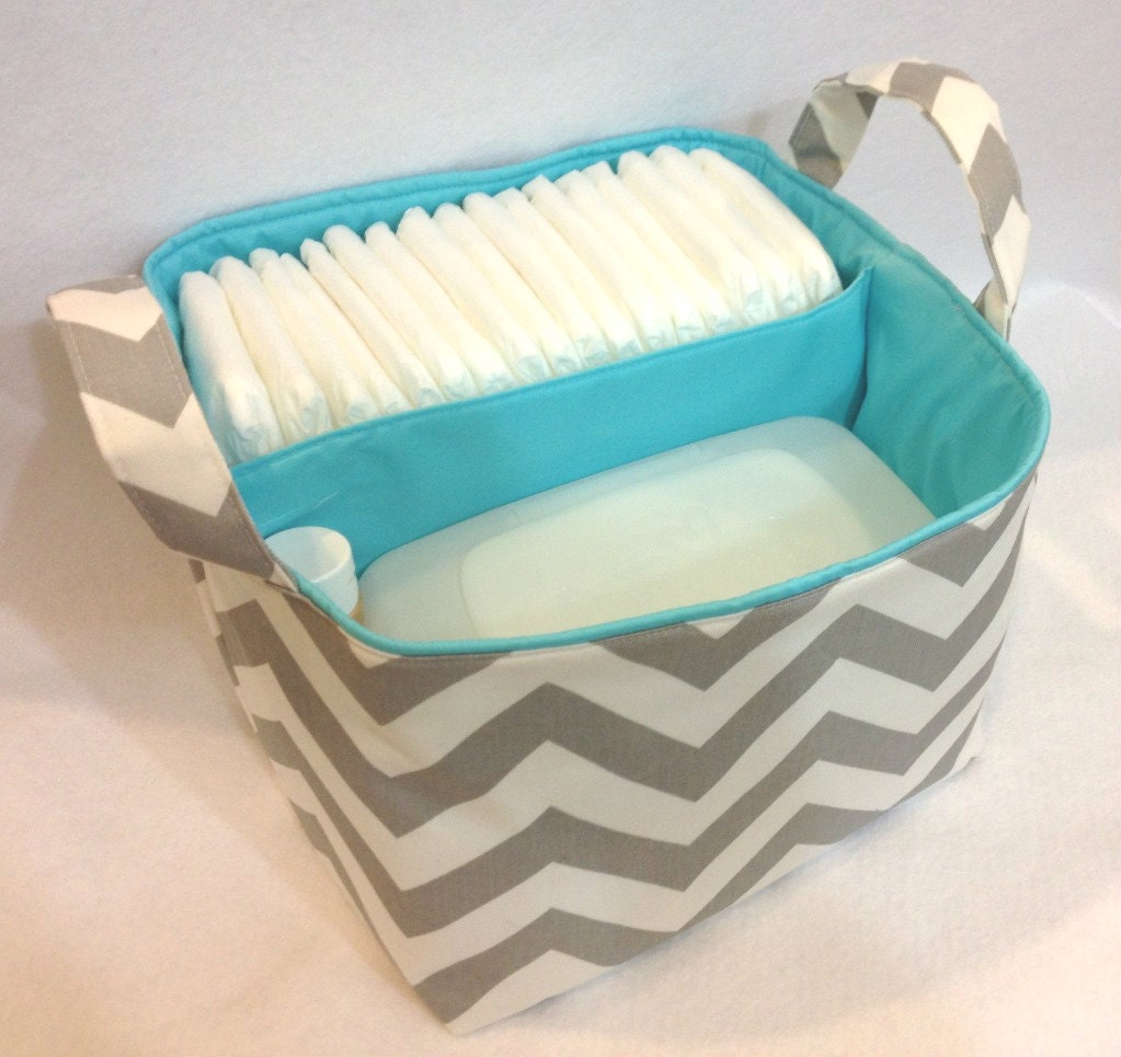 LG Diaper Caddy, 10"x10"x7" Fabric Bin, Fabric Storage Bin, Chevron Zig Zag Grey/Light Aqua Blue