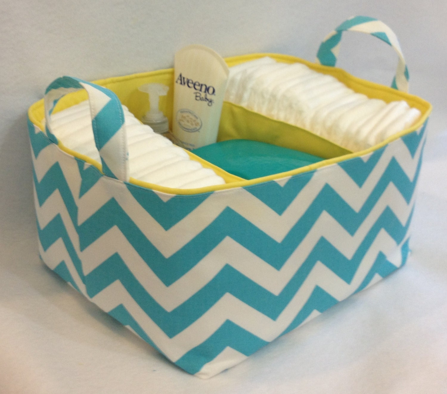 XL Diaper Caddy 13"x11"x7" Fabric Bin, Fabric Storage Organizer, Basket, Aqua/White Chevron with Yellow Lining
