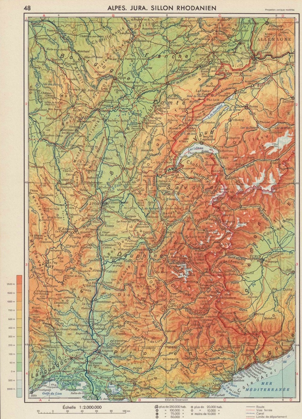 France Relief Map Vintage, Alps Jura Rhone Valley 1950s