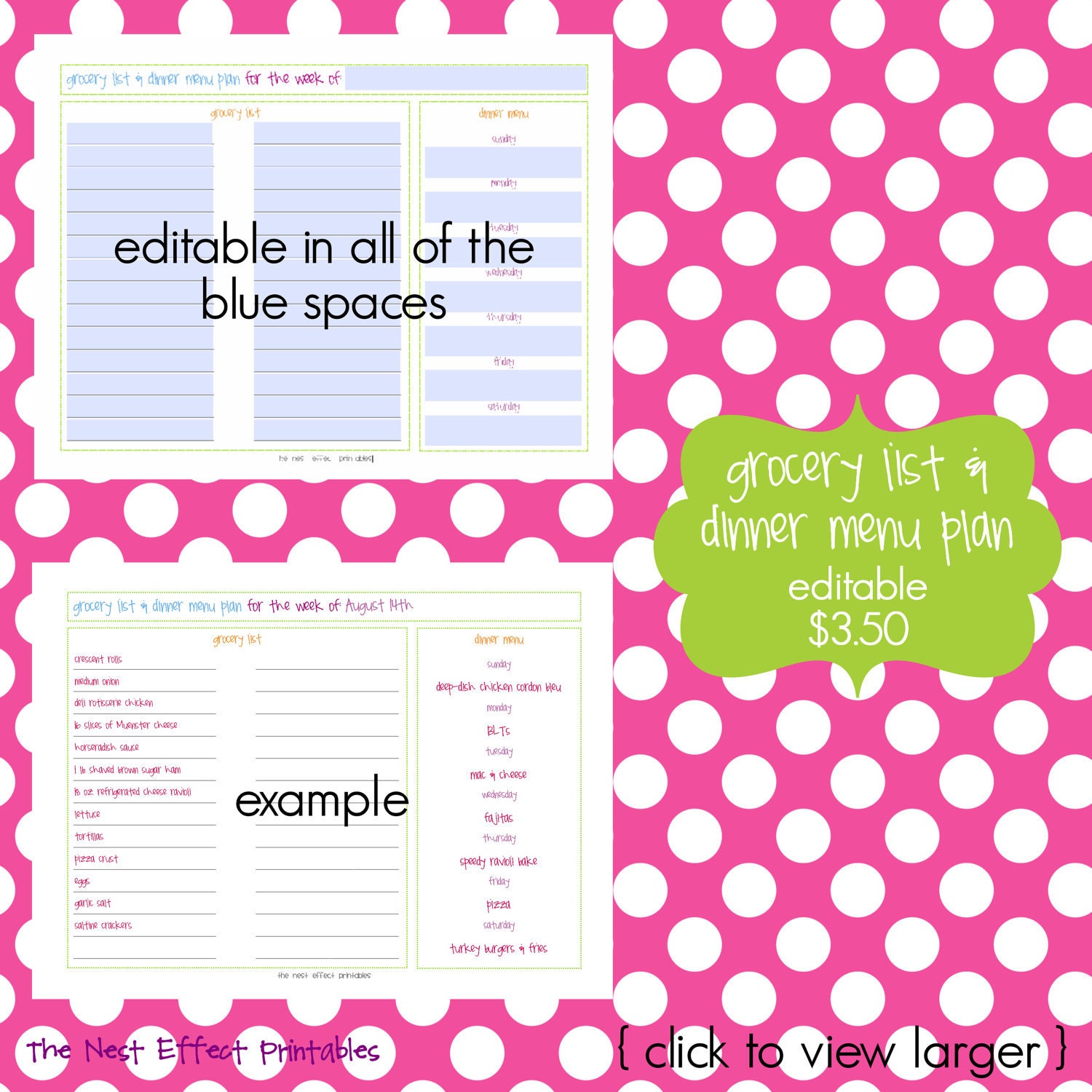 grocery list and dinner menu plan - EDITABLE / FILLABLE PDF document