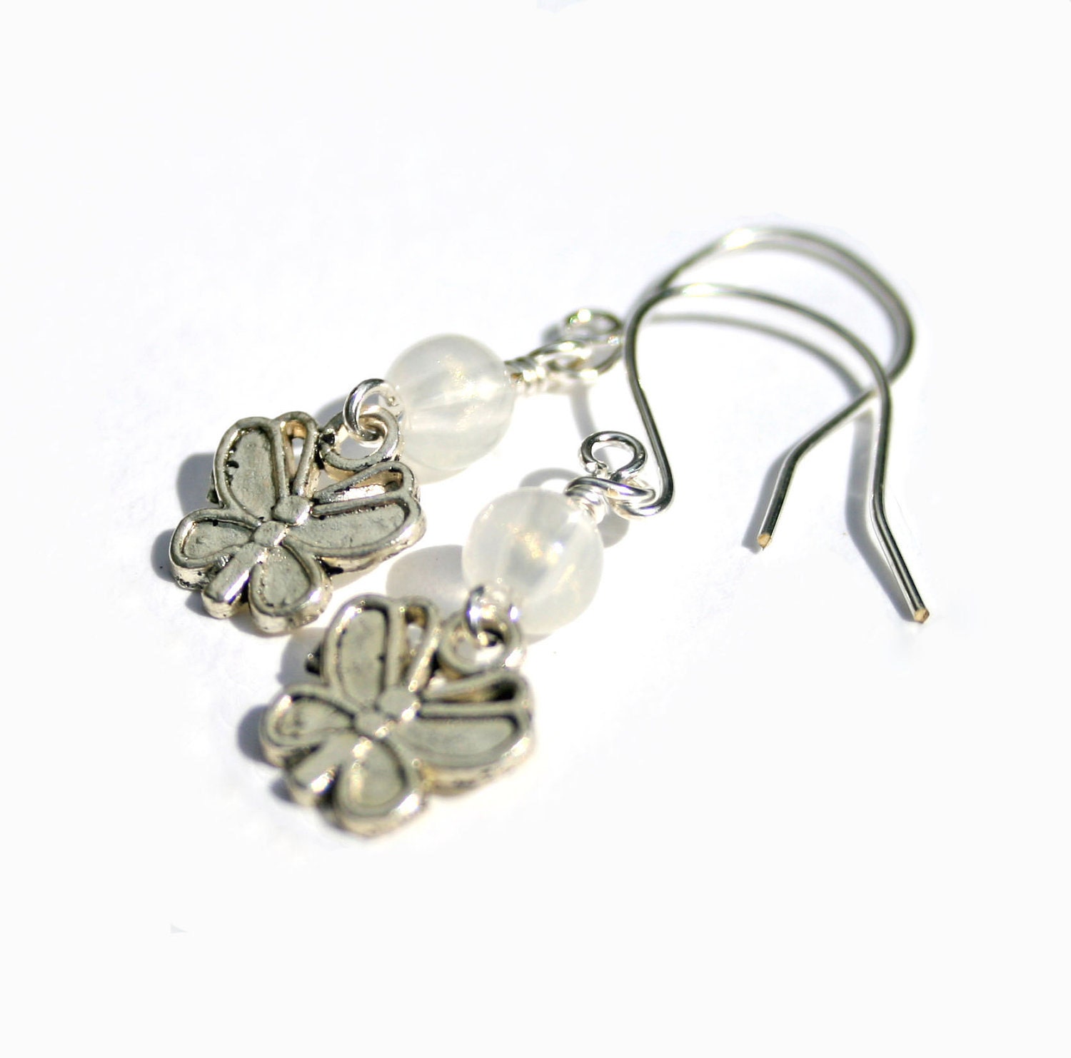 Silver Butterfly Earrings White Bead - UK Seller - Ready to Ship