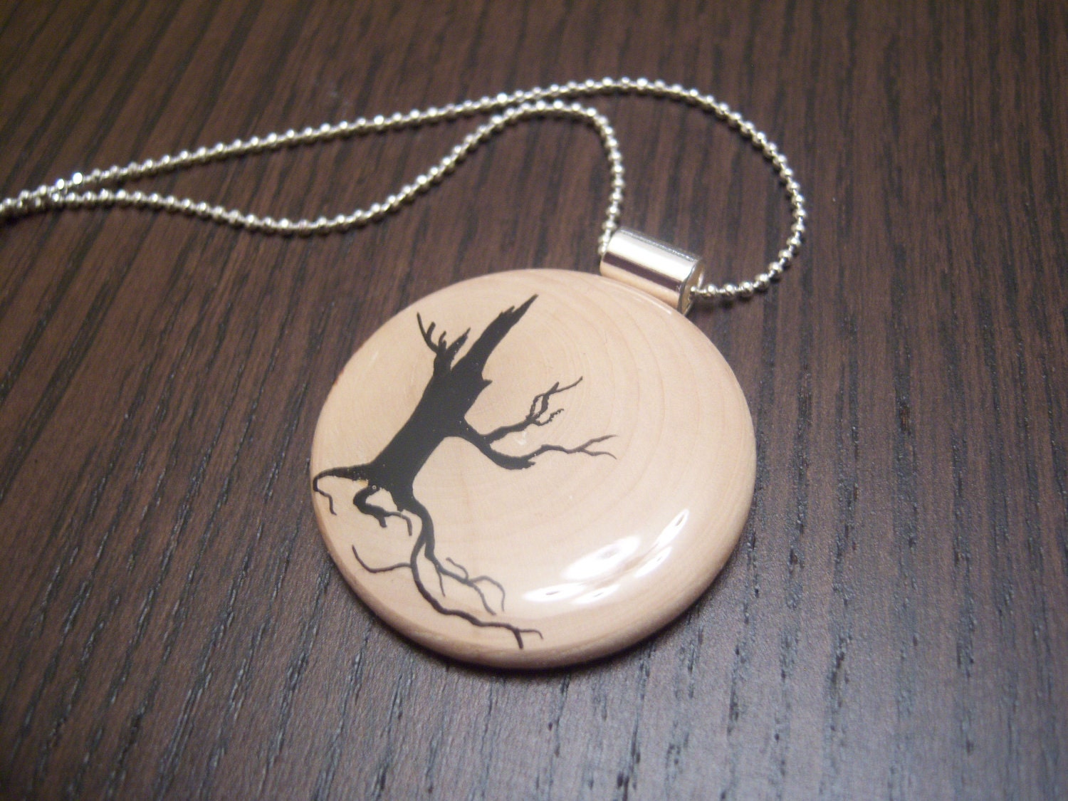 Hand Painted Tree on Wood Pendant Necklace