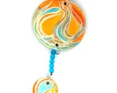 Hand painted pendant. Orange and Blue Psychedelic  Necklace Art Jewellery with Bright Blue Beads. Hand made jewelry by Lorikart