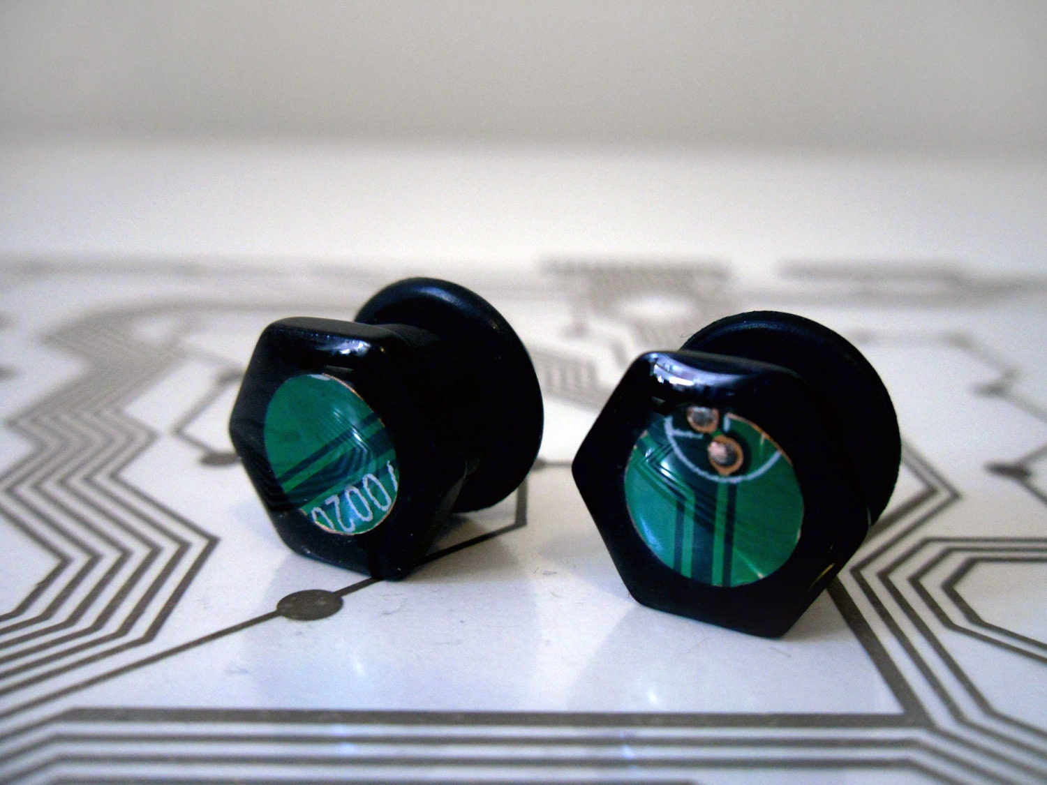 Ready to Ship - Circuit Board Plugs - Black Titanium Plated Stainless Steel Hexagon - Green 00 gauge - Cyborg Series