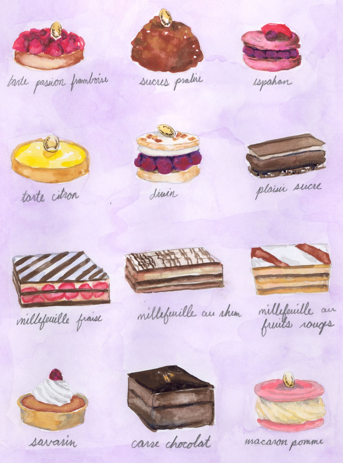 Paris Pastry & Dessert Luxe Laduree Menu Watercolor Painting - Digital Print 8 x 10 gourmet foodie