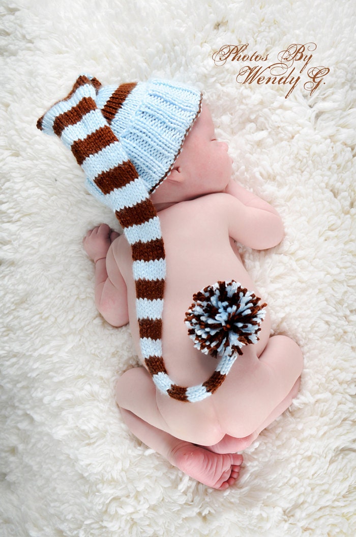 Newborn hand knit long tailed stocking cap with pom pom (custom)