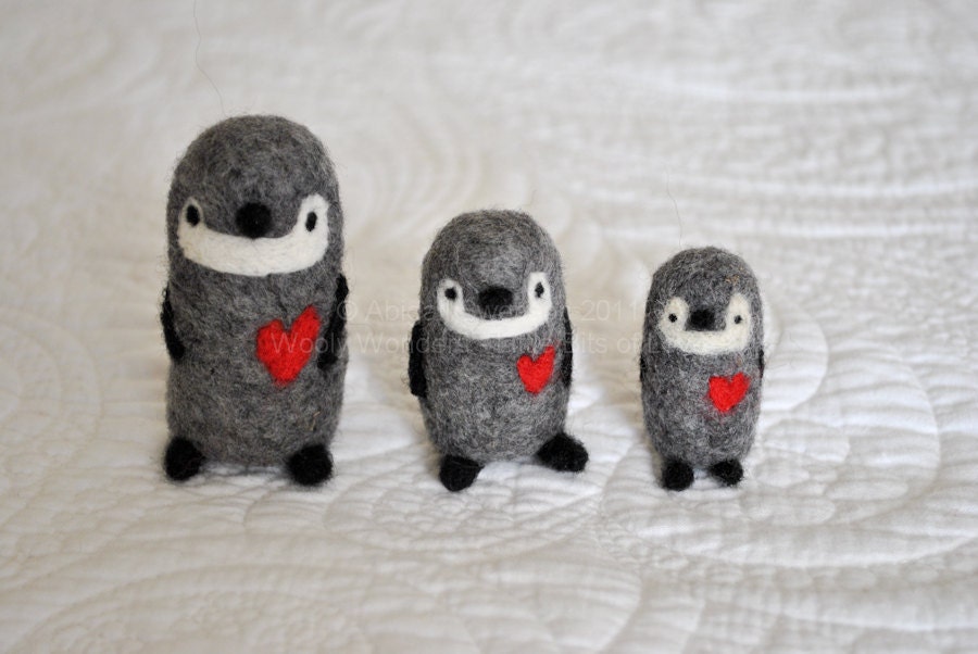 The Popular Penguins Family - Three Handmade Needle Felted - Soft Wool -Miniature Animal Stocking stuffer toy gift