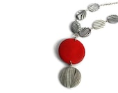Red Necklace with Black and White Zebra Print Shells and Chunky Red Wood Pendant, Minimalist Jewelry