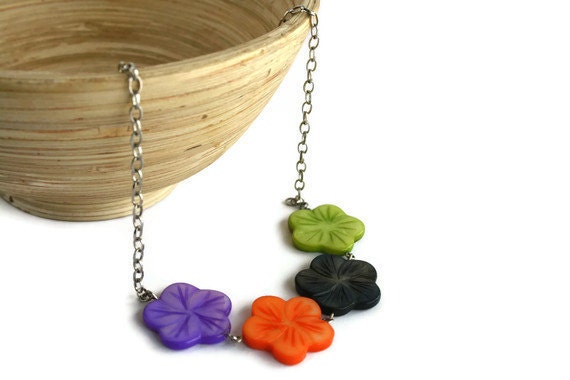 Hawaiian Flower Shell Necklace with Purple, Orange, Black and Lime Green MOP Beads on Chain