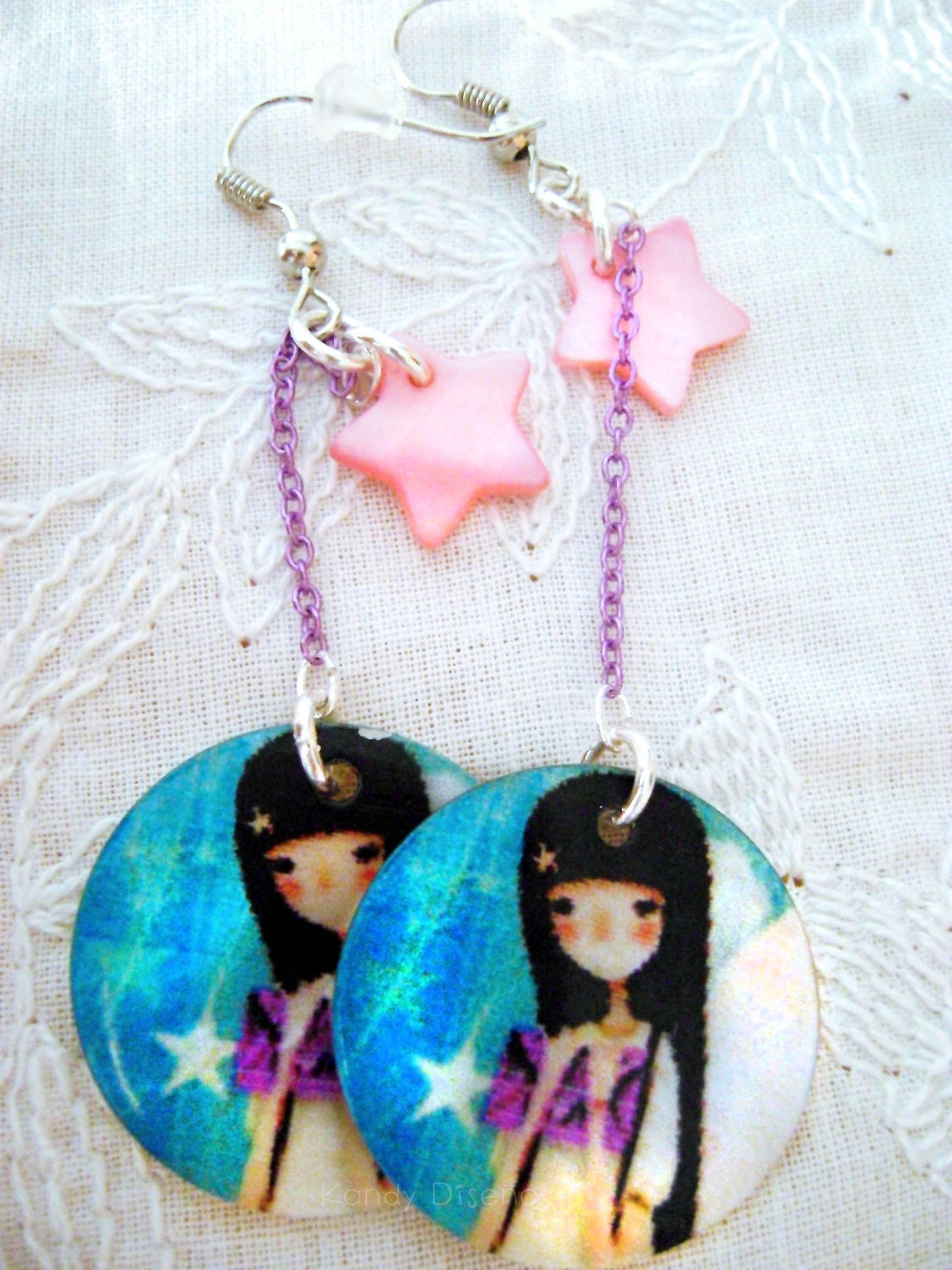 Kawaii Shell Earrings. Stars Girls Earrings. Pink Purple Chain Earrings. Customizable Earrings. Dangle earrings