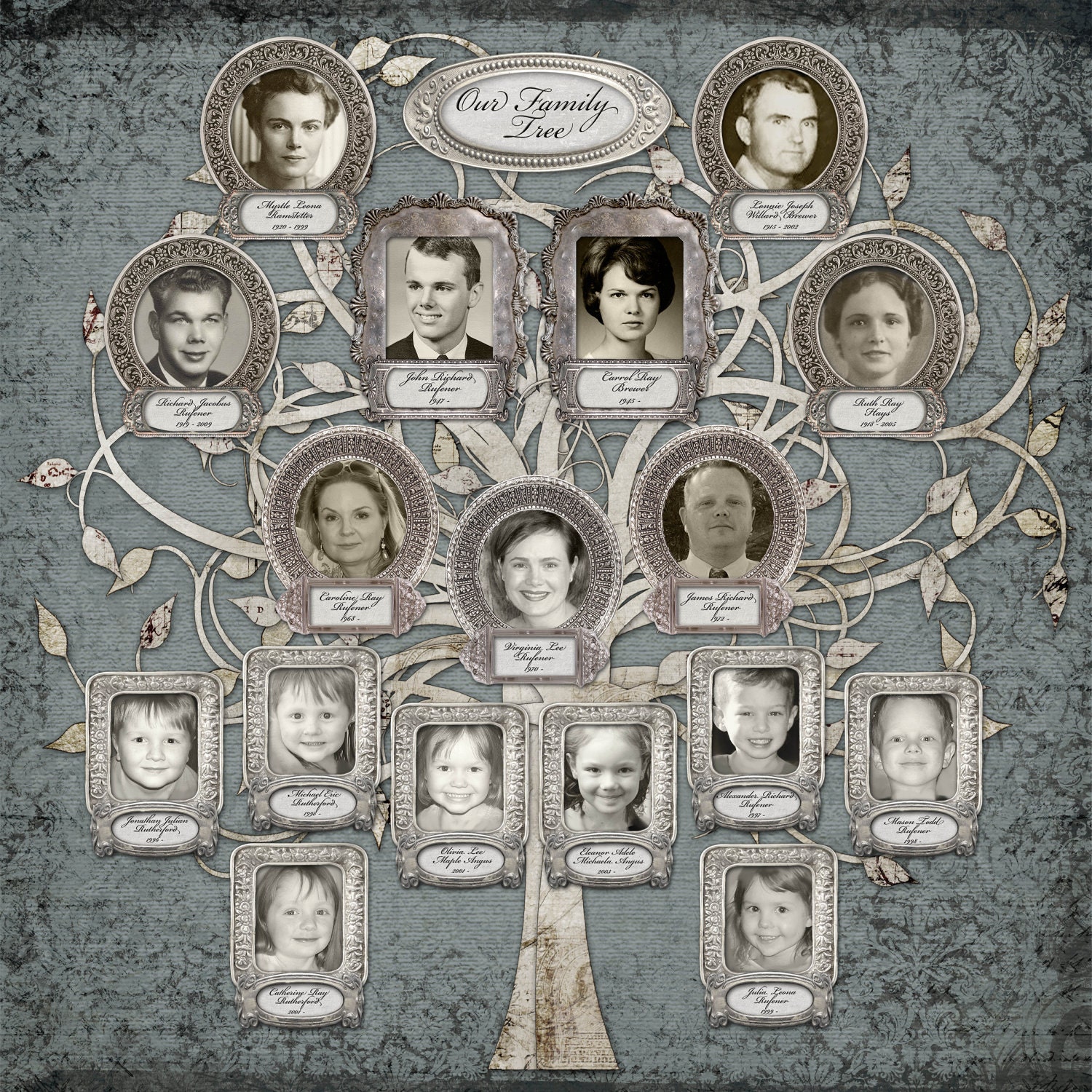 Family Tree  - Custom with 17 Photos - Blue Grey Background