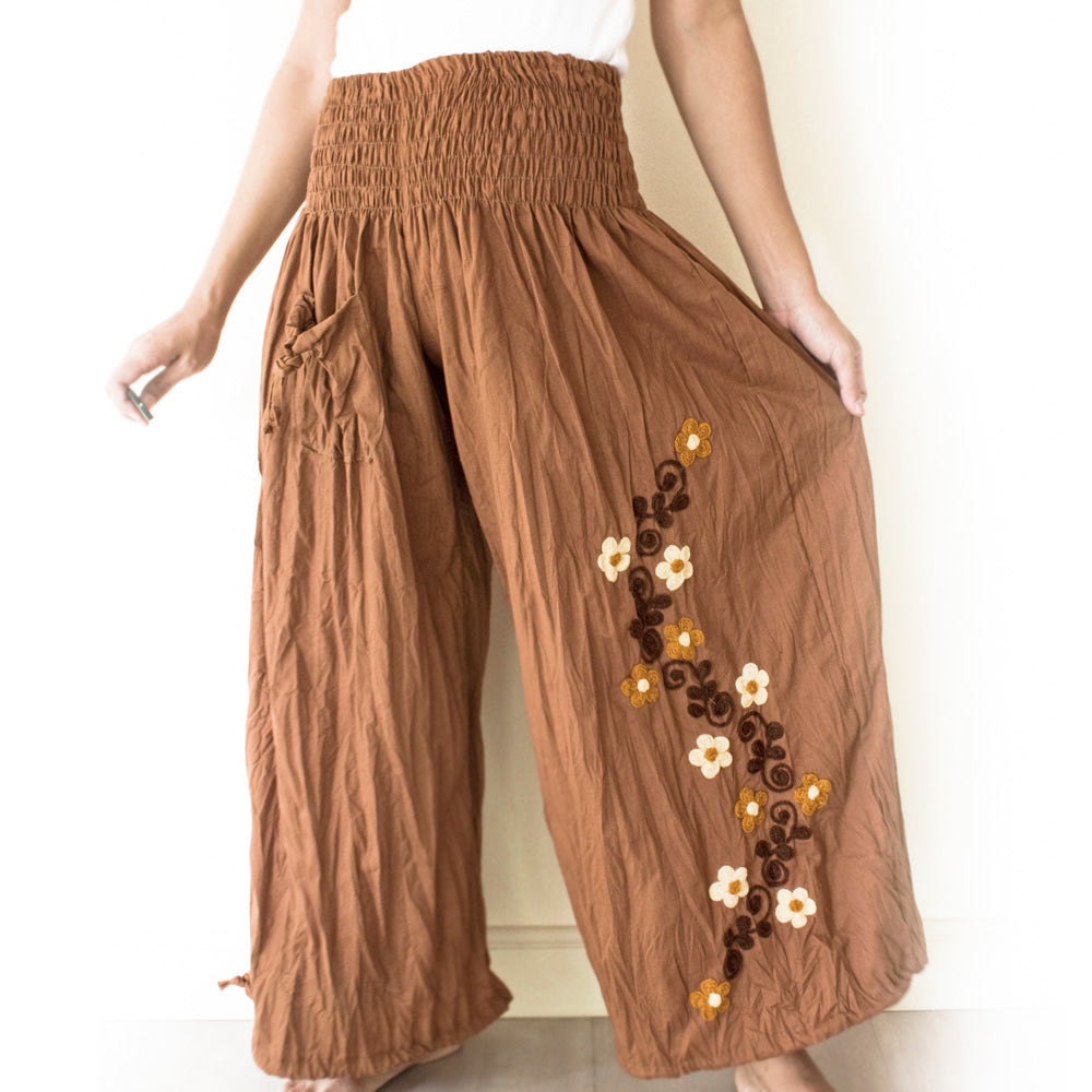 Wide Legs Summer Cotton Pants in Brown, smocked Waist