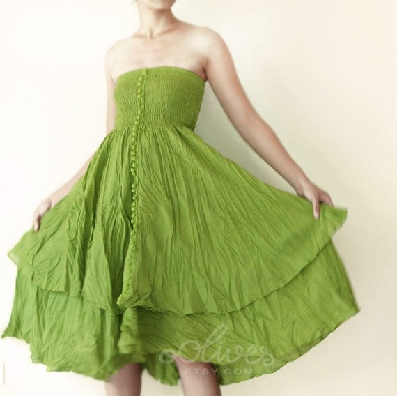 Strapless Ruffle Cotton Dress or Maxi Skirt in Green