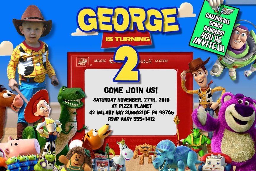Custom Personalized Toy Story 3 theme Birthday Party 4x6 Invitations. Boy version or Girl version. Add a Picture