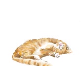 Cuddly Snoozy Orange Cat Art Card on 6 x 6" watercolor paper - triplestudio