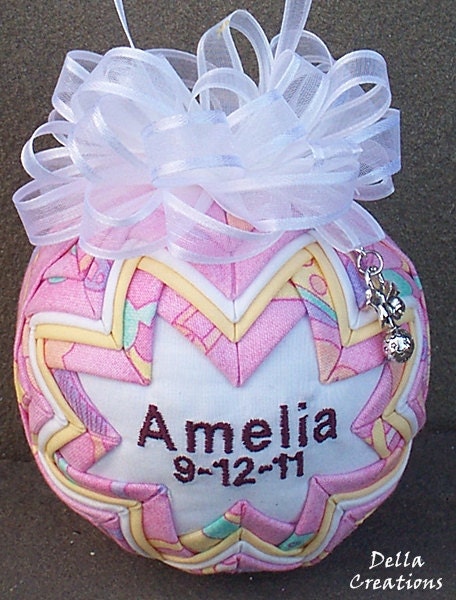 Personalized Baby Girl Quilted Ornament w/Pewter Charm - Pink  Imprinted Fabric