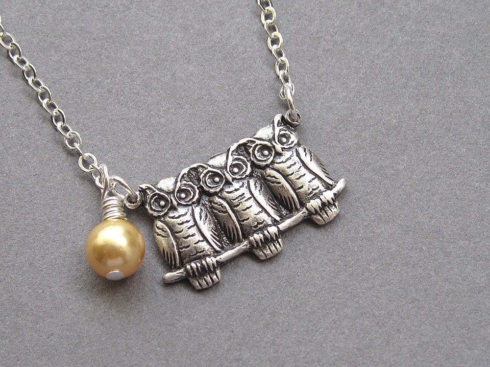 Owl necklace, three owls, antiqued silver, small owl pendant, gold swarovski crystal pearl, silver chain - birds on branch, woodland jewelry