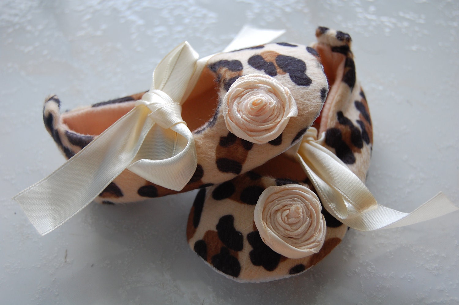 Custom Rosette Ballerina Leopard Cheetah Boutique Crib Shoes, Cream, Brown & Black Baby Shoes 6-12 months READY TO SHIP