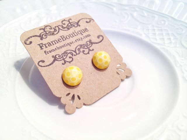 Vintage Yellow Cabochon Earrings, Lemon Yellow, Polka Dot Lemonade Studs