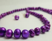 Purple Pearl Necklace and Earrings, hand knotted, purple freshwater pearls, berry pearls, bridal set