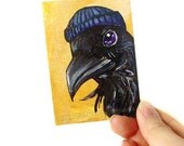 Raven Art, ACEO Print,Tuque Hat,  Crow Artwork, Black Bird Illustration, Animal Portrait, Miniature Print