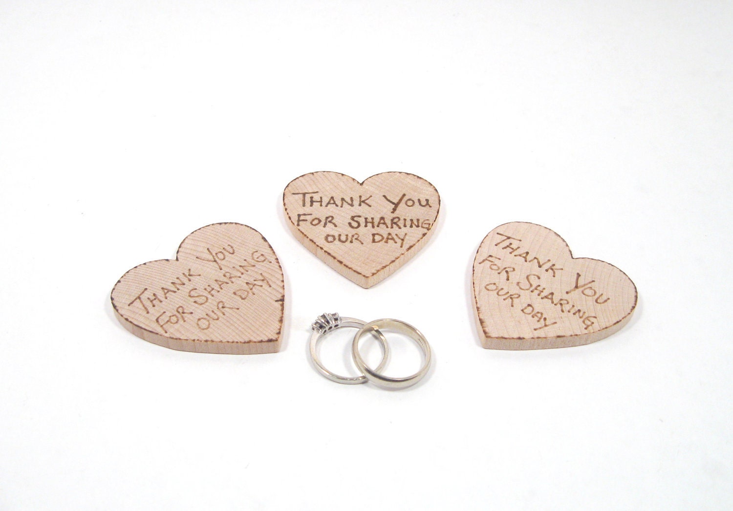 Rustic Wedding favors custom made.  50 wood burned heart thank you magnets. YOUR saying of choice.